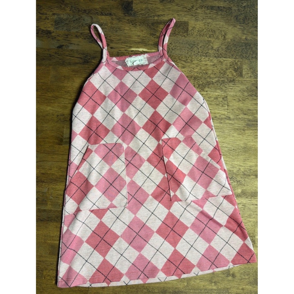 Girls Pink Argyle Knit Jumper Dress Sleeveless Patch Pockets Kids Size 6-7Y